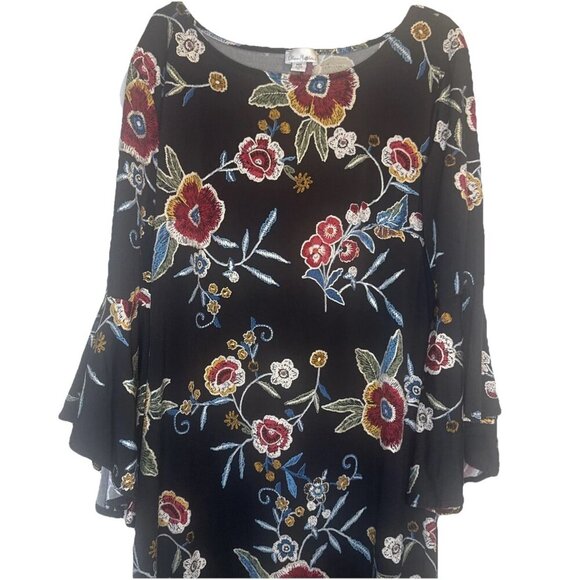 Olivia Matthews Black Colorful Floral Tunic Dress 3/4 Bell Sleeve Sz L Stretch - Picture 2 of 7